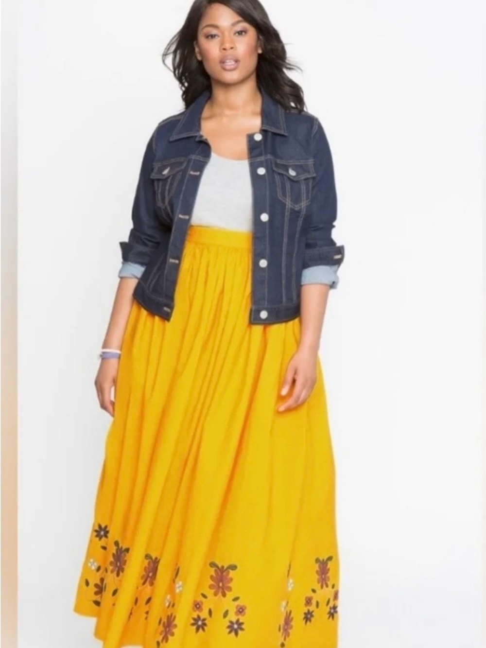 Eloquii Mustard Yellow Floral Border Maxi Skirt